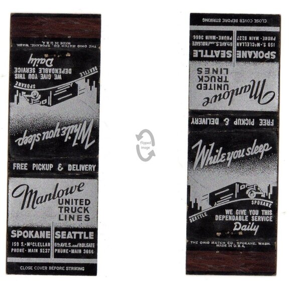 Vintage Matchbook Cover Manlowe Freight Truck Seattle Spokane Washington 1940s - Picture 1 of 4